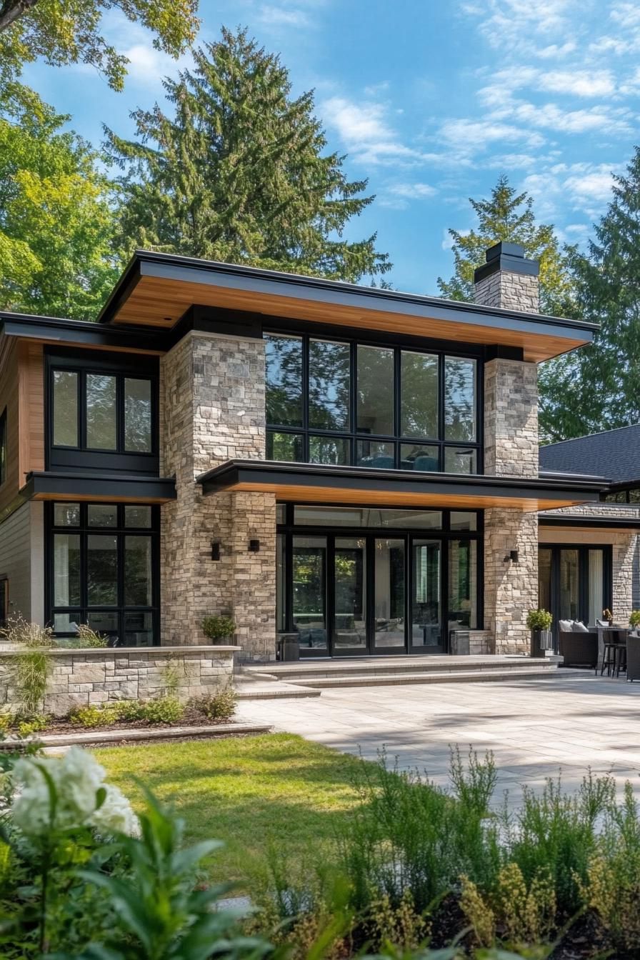 Modern home with stone facade and large windows