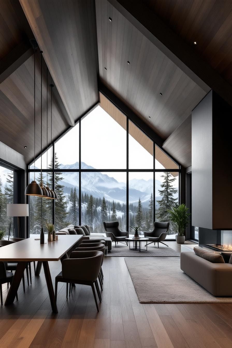 Spacious cabin interior with mountain view and modern furnishings