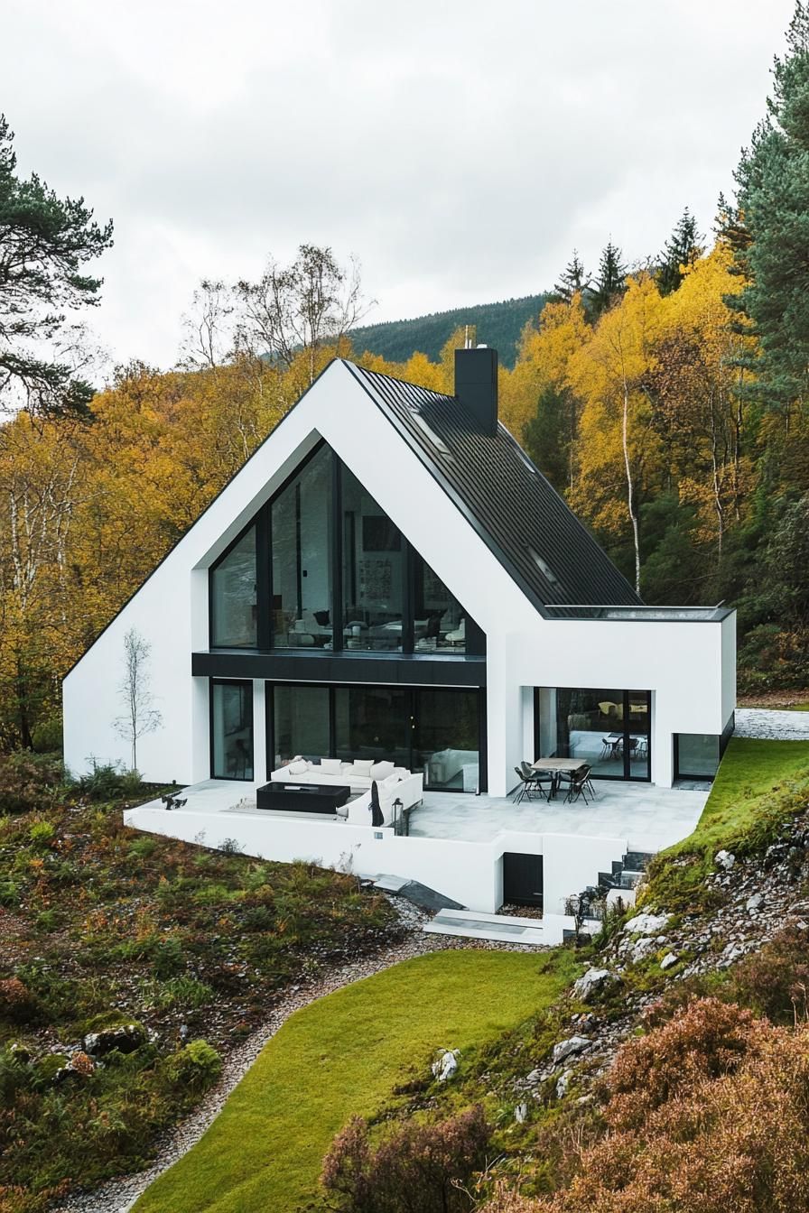 high angle view of a modern house with geometric white facade with black roof modern patio furniture v 6.1