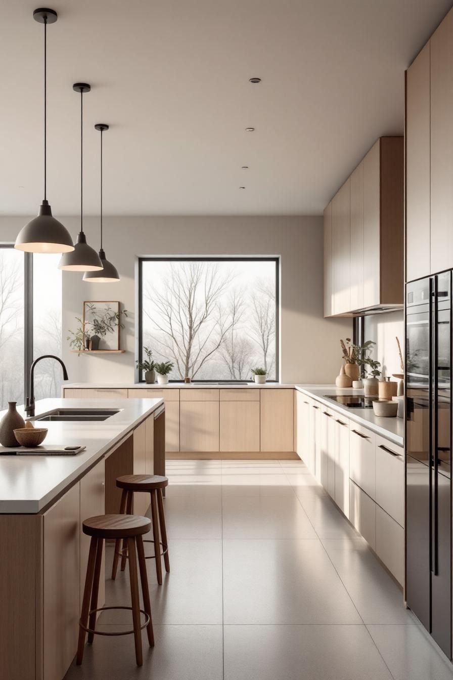 Minimalist kitchen with large windows and natural light