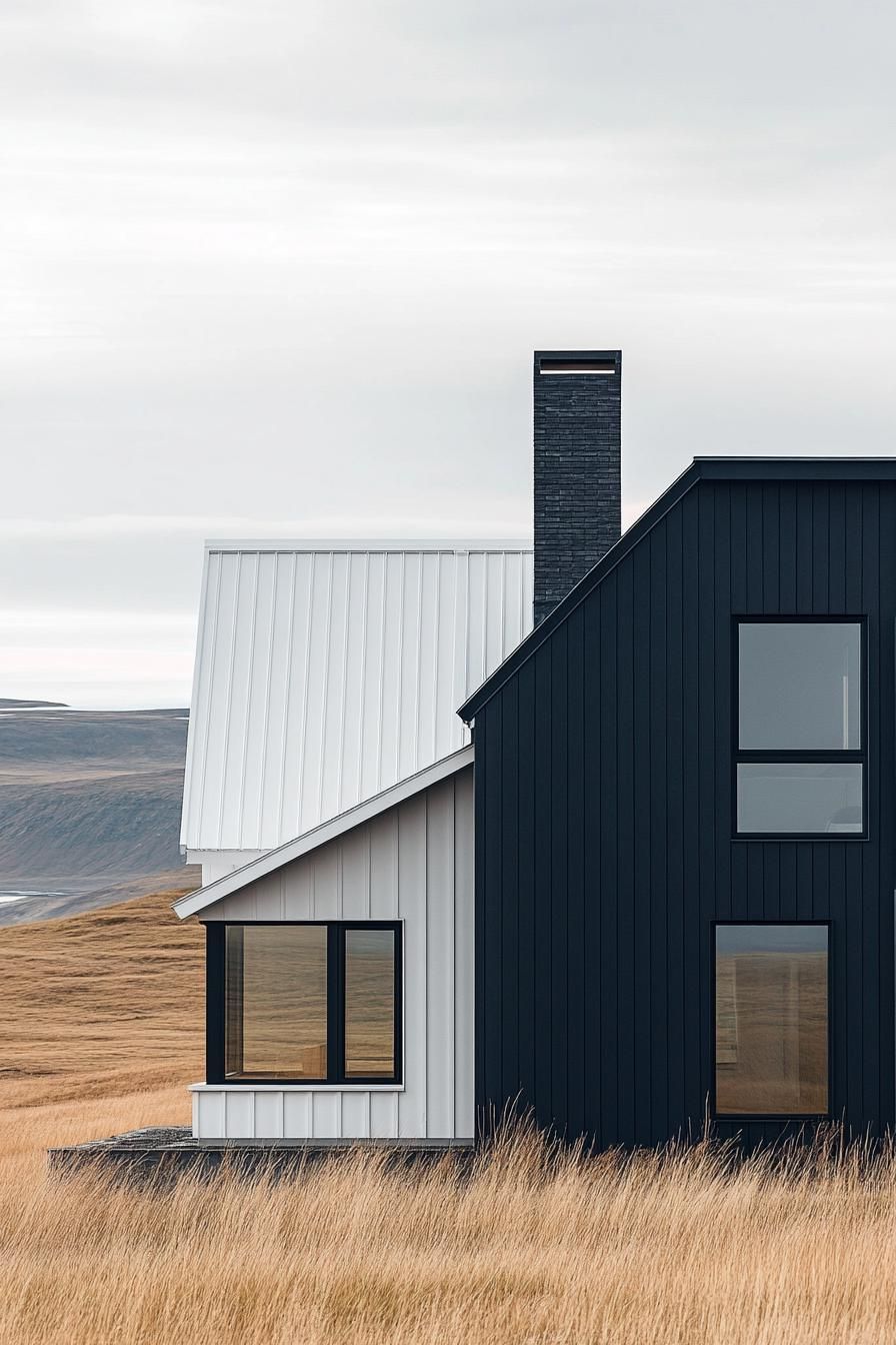 high angle view of a modern house with gable roof with chimney black and white siding Icelandic landscape 3