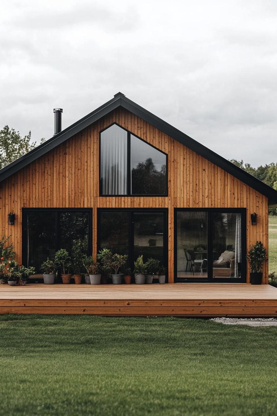 Wooden house facade with large windows and potted plants