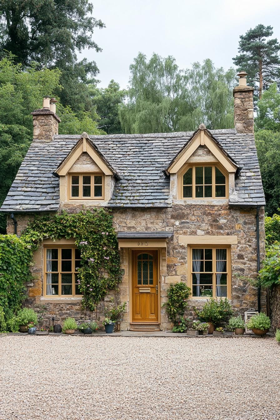 Rustic stone cottage with wooden door and lush greenery