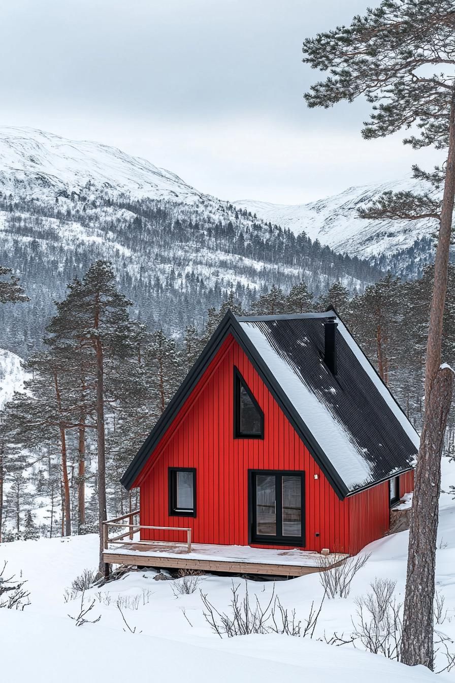 A-frame red cabin in snowy forested mountains