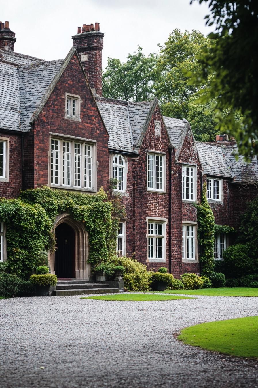 English dark red brick manor with white windows grey stone shingle roof facade with vines gravel and lawn front yard 2