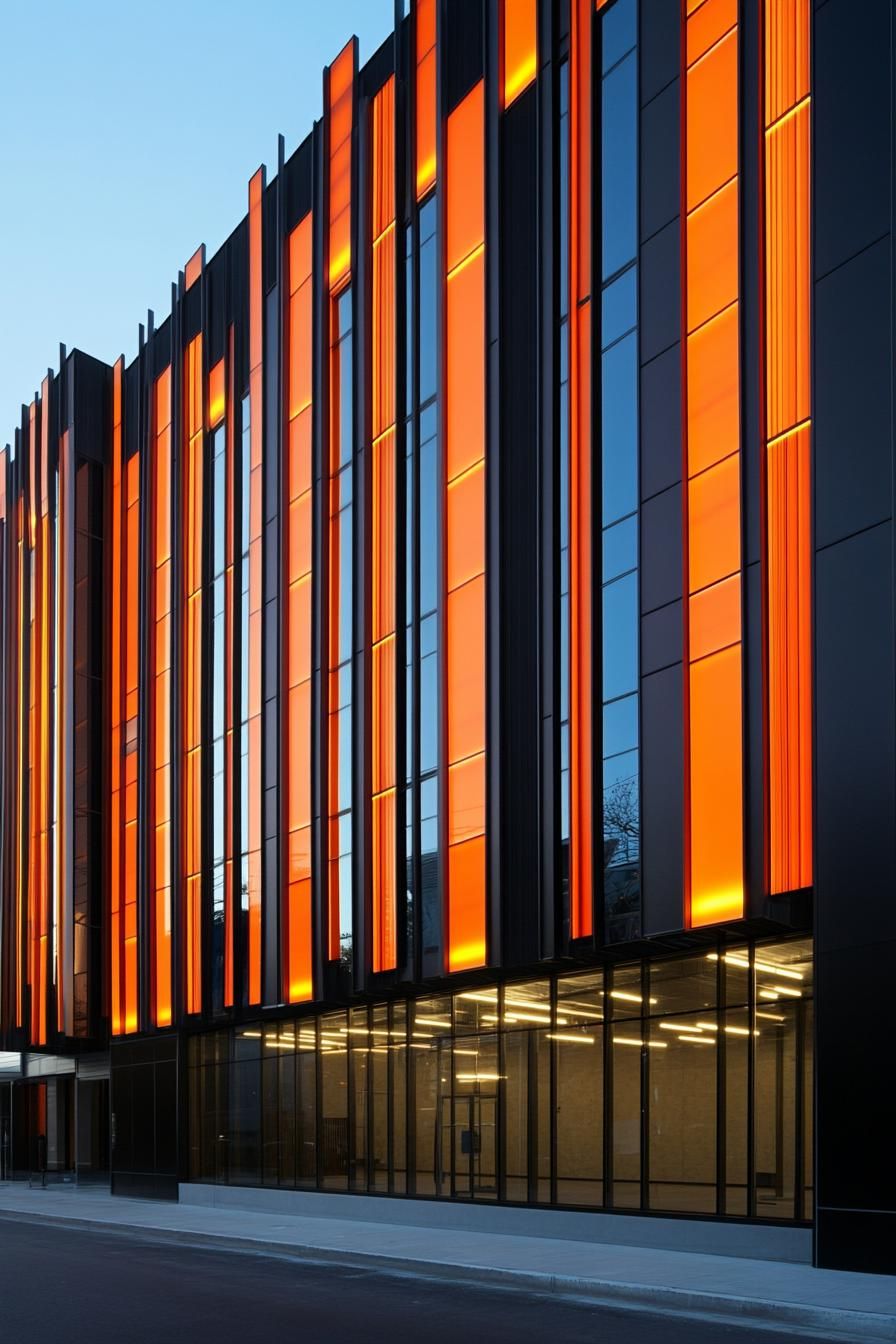 Building façade with vibrant orange vertical panels