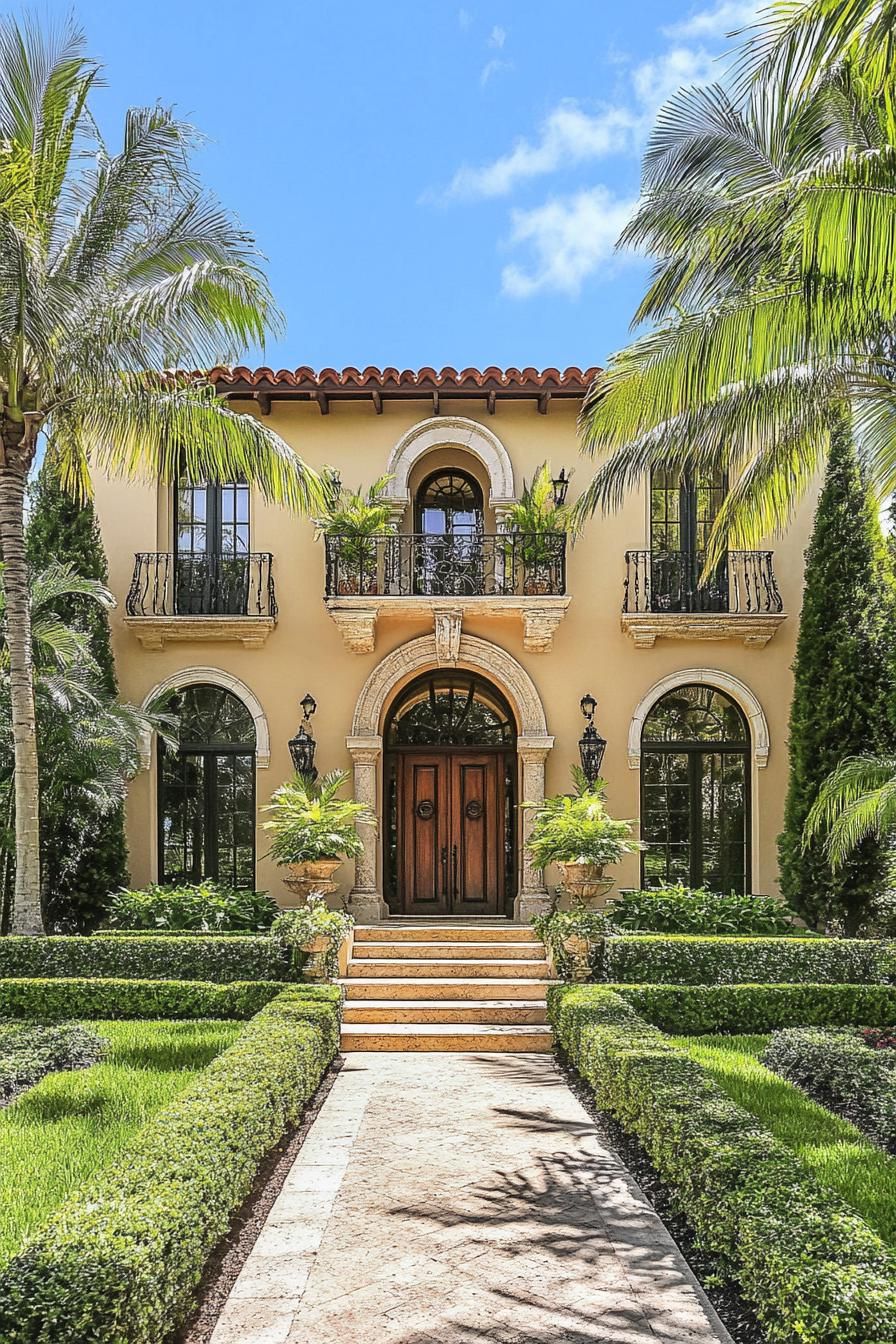 Elegant two-story house with palm trees and lush greenery