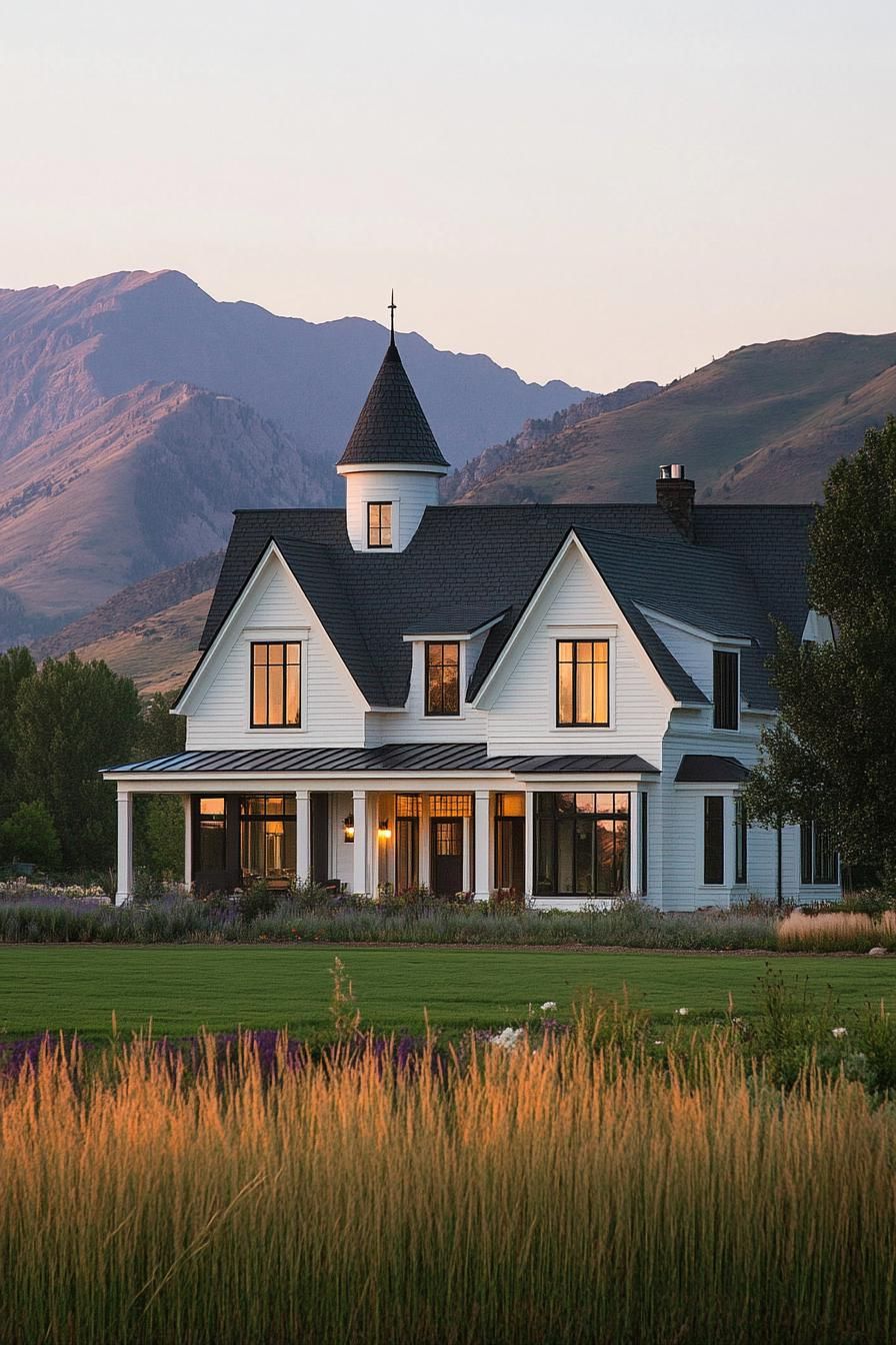 White Gothic house with a turret, nestled by mountains