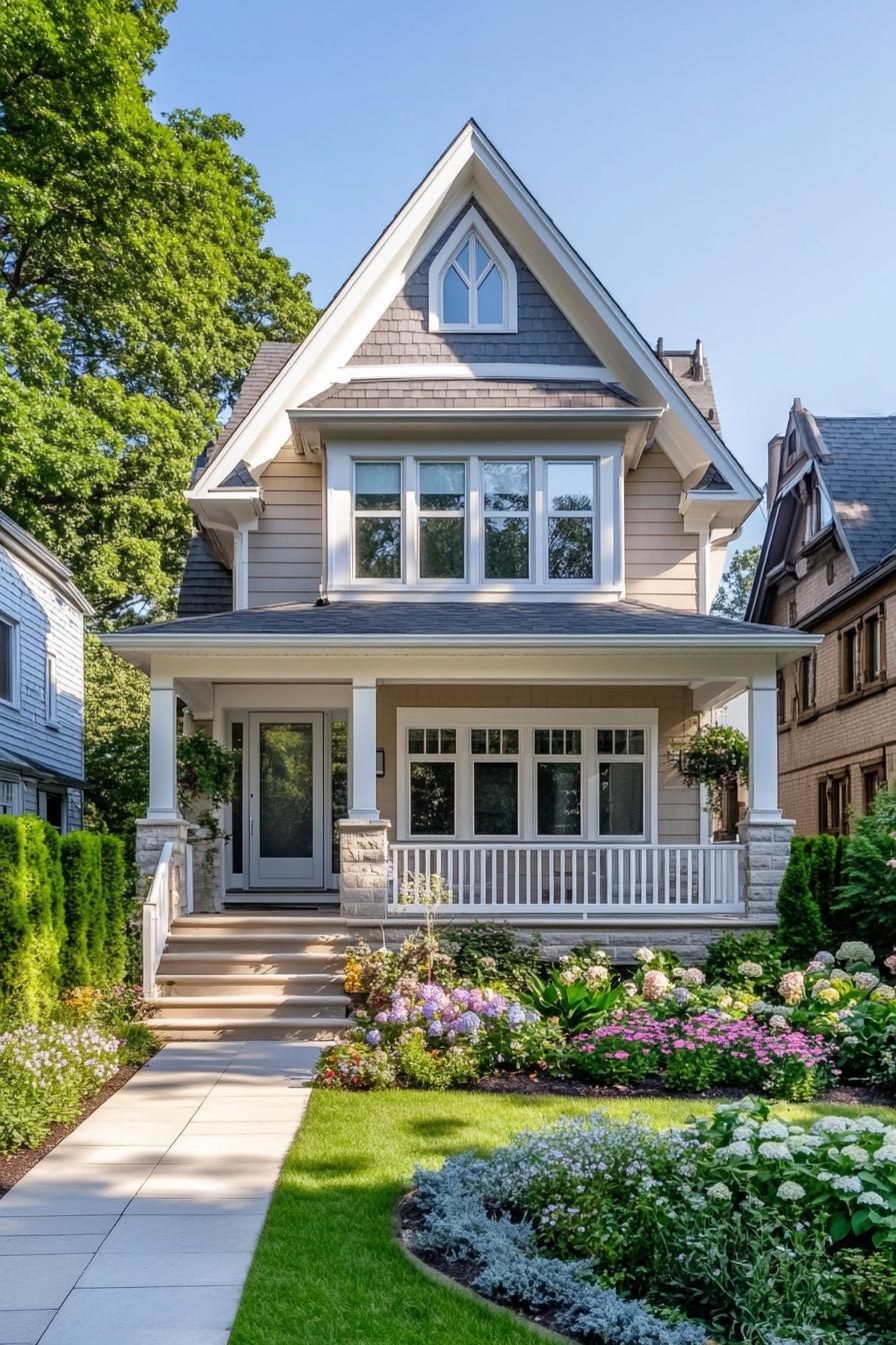 modern cottage in pastel yellow siding stone grey multi pitched roof large windows with white trim and mouldings porch with white railings and 1