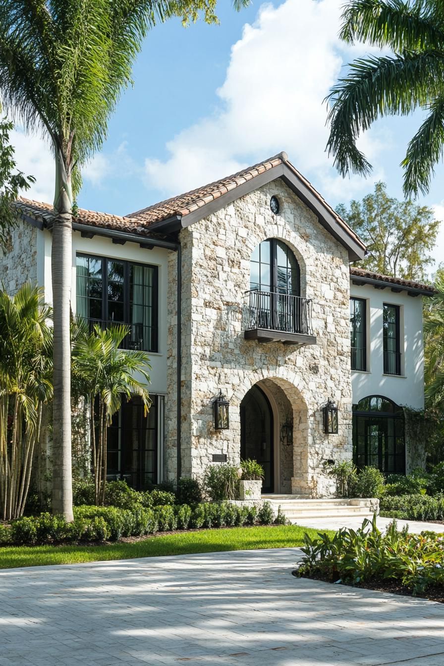 modern european cottage with stone foundations and first floor stone siding arched first floor windows and doorway second floor stucco siding and 3