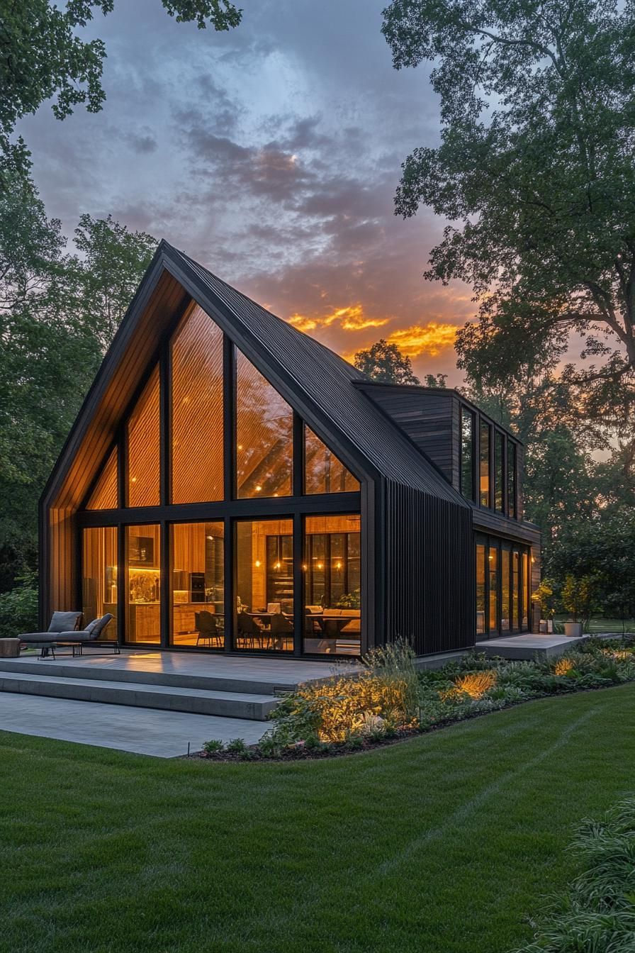 Modern barn house with large windows illuminated at sunset