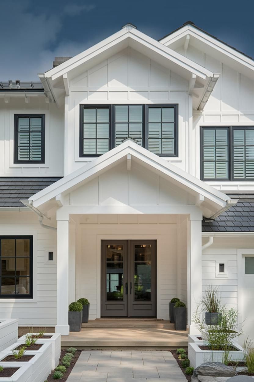 Elegant suburban house with white cladding and dark windows