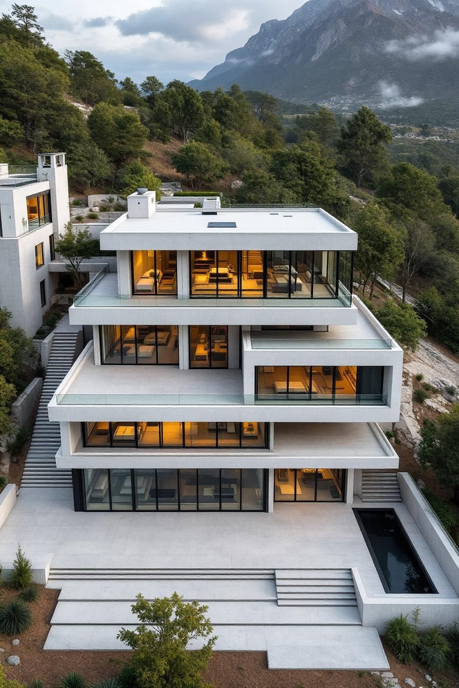 Modern concrete mansion with large windows and a mountain backdrop