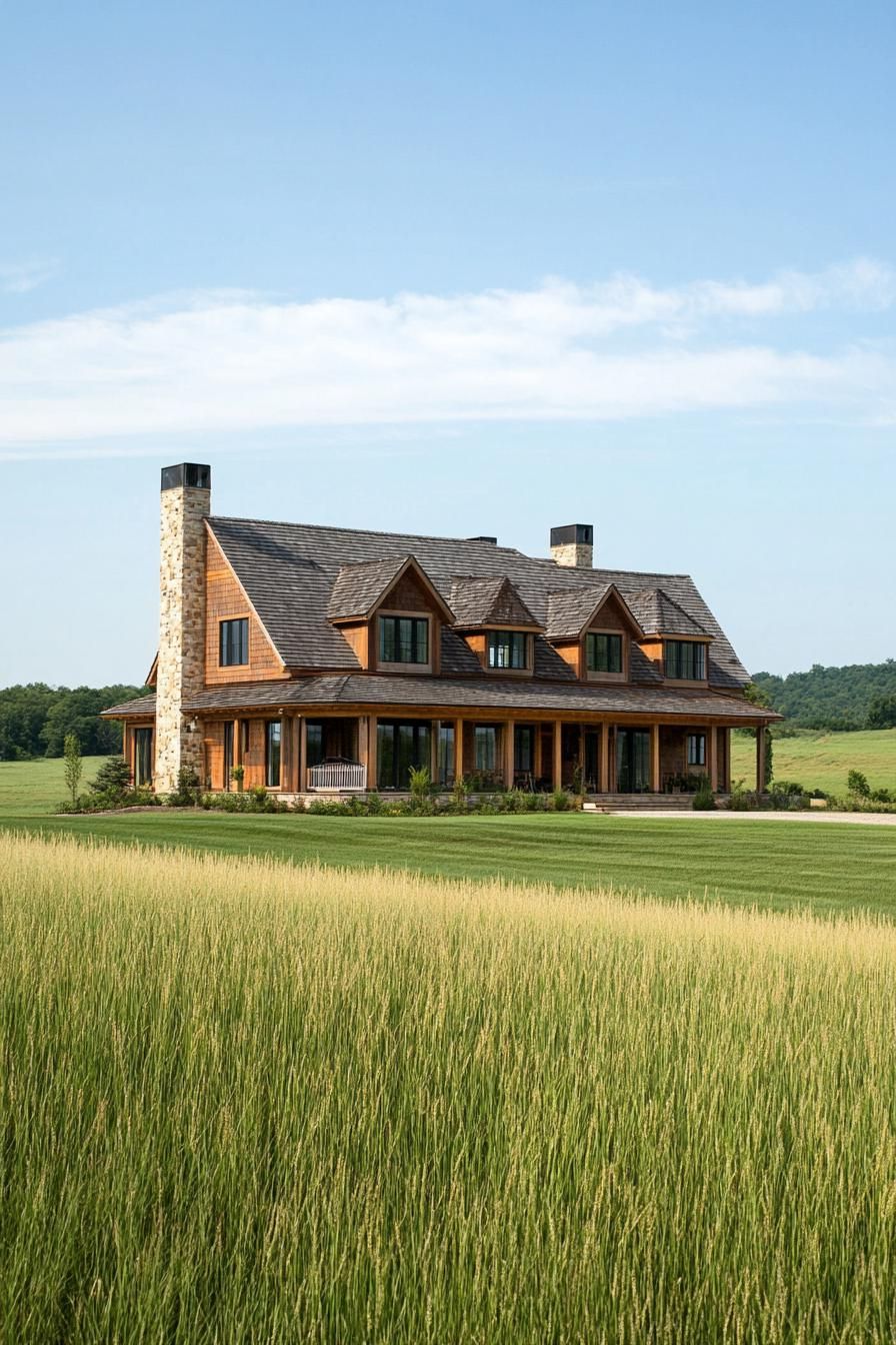 Charming wooden house with a stone chimney in a lush field