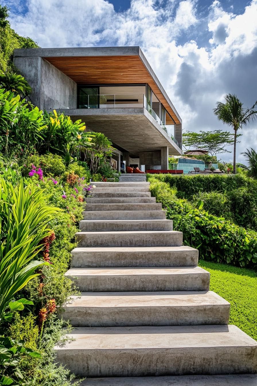 terraced modern villa on steep slope concrete steps run along the slope on the side of the villa terraces