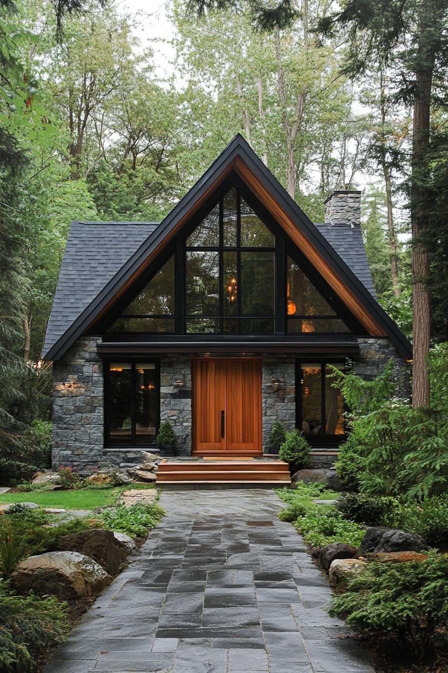 Stone cottage with an A-frame roof and wooden door