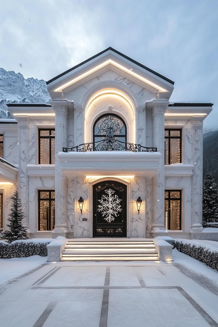 Luxurious mansion with snowy entrance and lighting