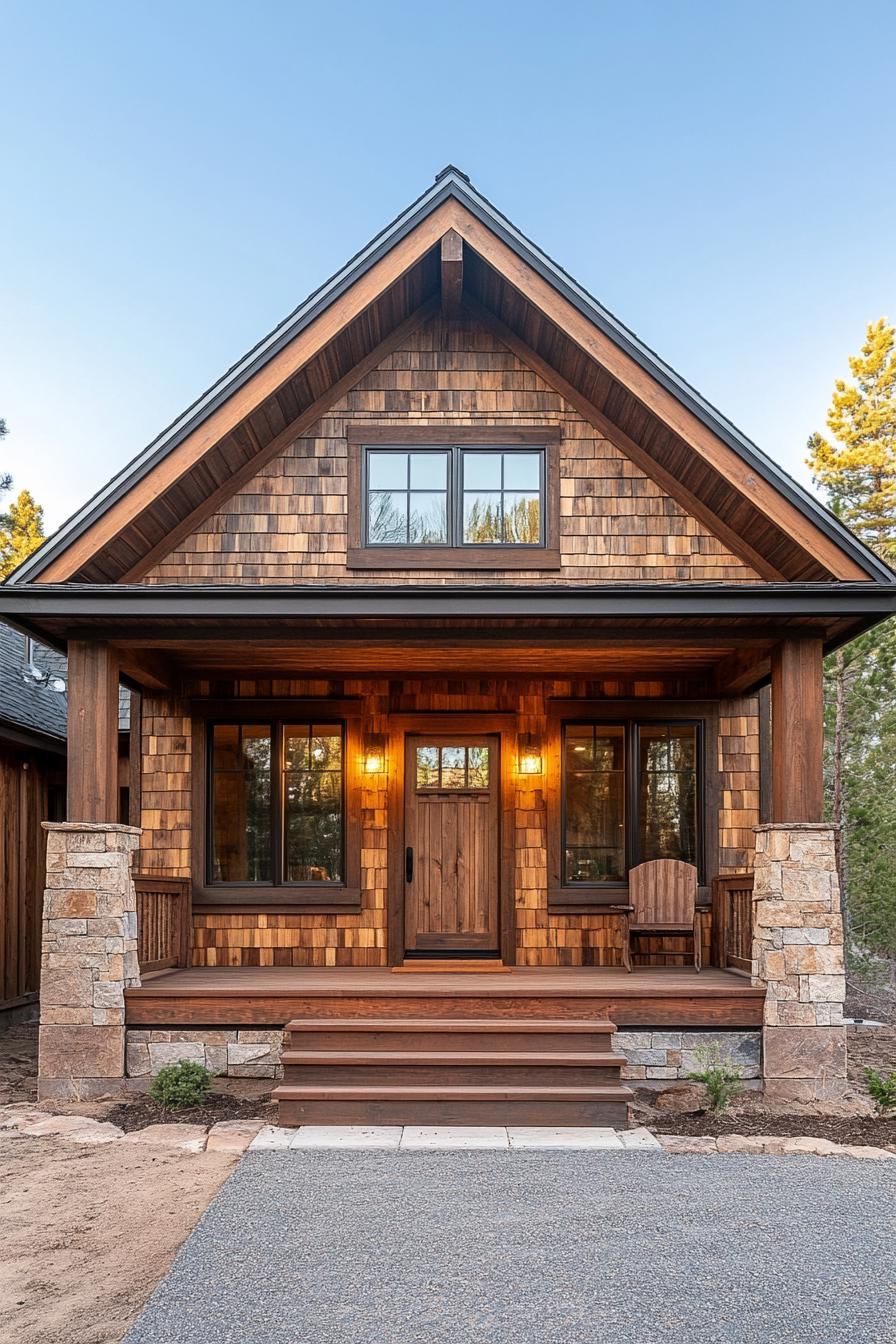 Wooden cabin with front porch in forest setting