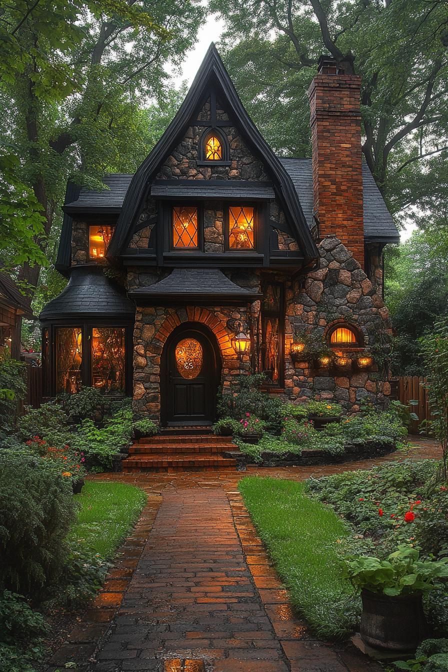 Charming fairy-tale stone house with glowing windows and a lush garden path