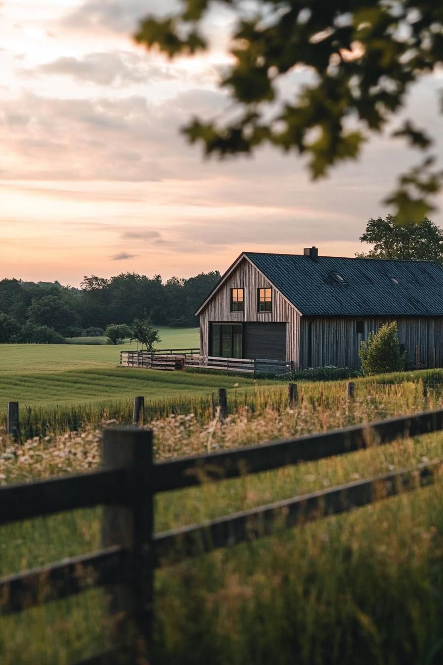 Modern wooden house nestled in tranquil countryside at sunset