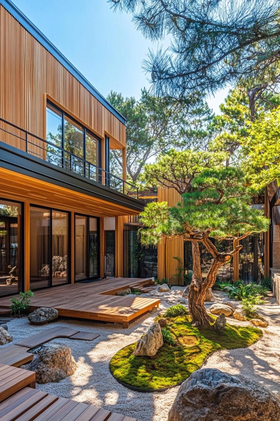 A Japanese courtyard house with wooden facades and a lush garden