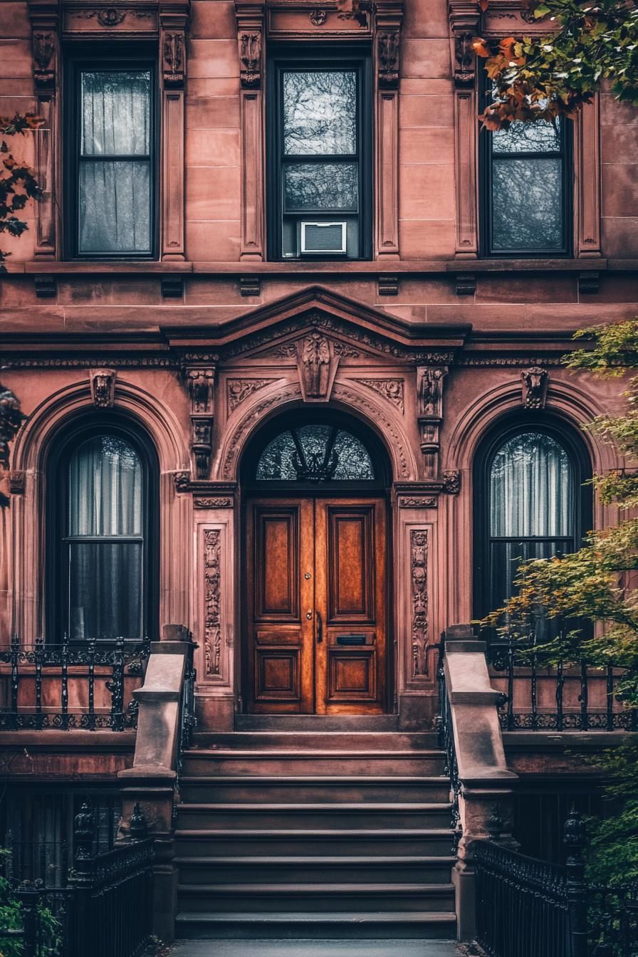 Red brick townhouse with ornate door and windows