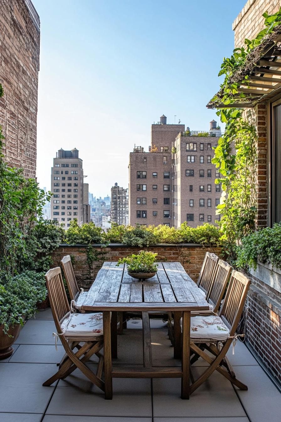 rooftop terrace with farmhouse dining table and chairs 1