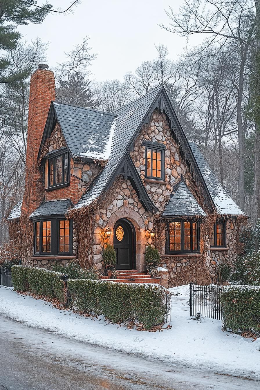 Charming rustic house with steep roof and snowy path