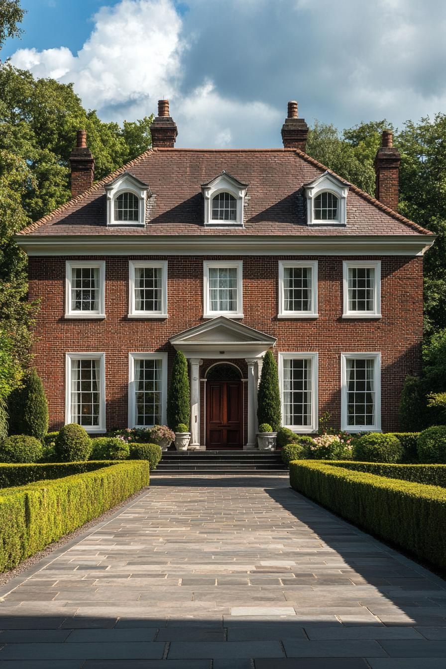 Brick Georgian house with manicured hedges