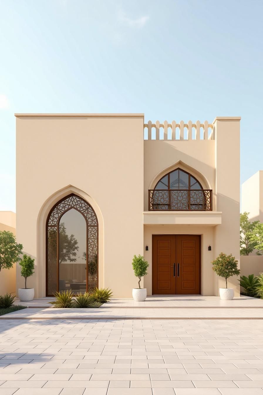 Modern house with wooden doors and intricate arch design