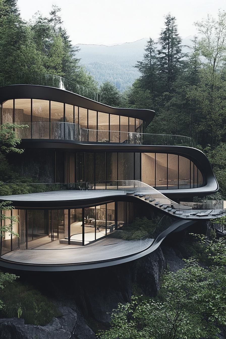 Futuristic house with curved glass and nature backdrop