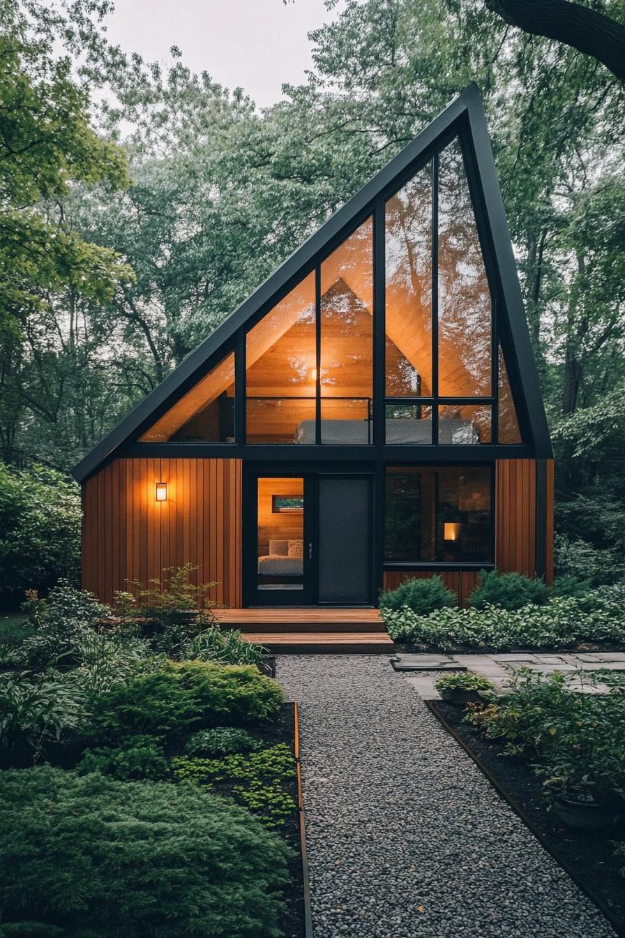 Two-story A-frame wooden house with large windows and lush greenery