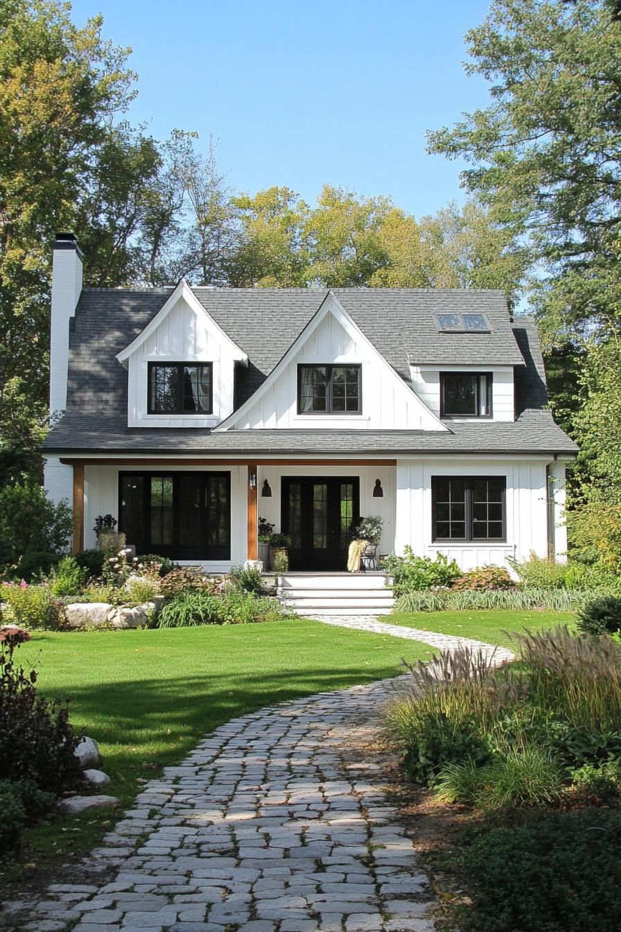 Charming house with a gabled roof and a stone path