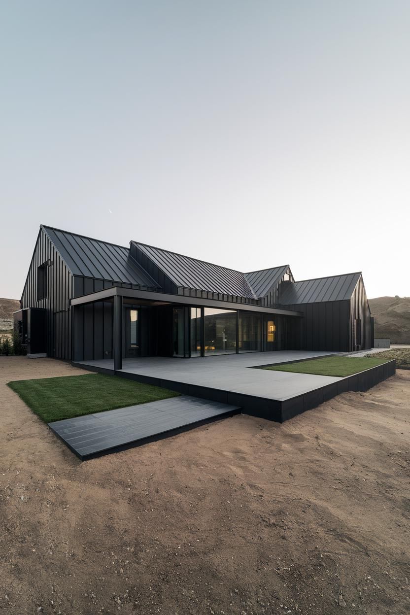 Black modern house with angular roofs and large windows