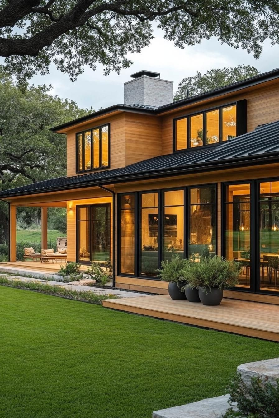 Scandinavian style house with wood paneling and large windows