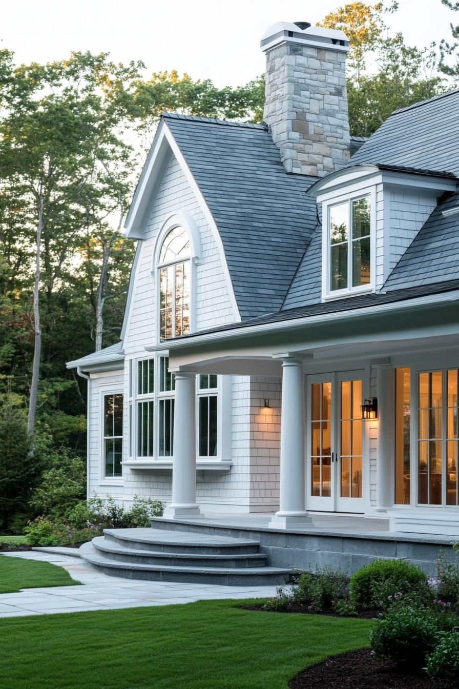 modern cottage with white clapboard siding stone grey multi pitch roof with dormers chimney large arched porch with columns and steps large white 2