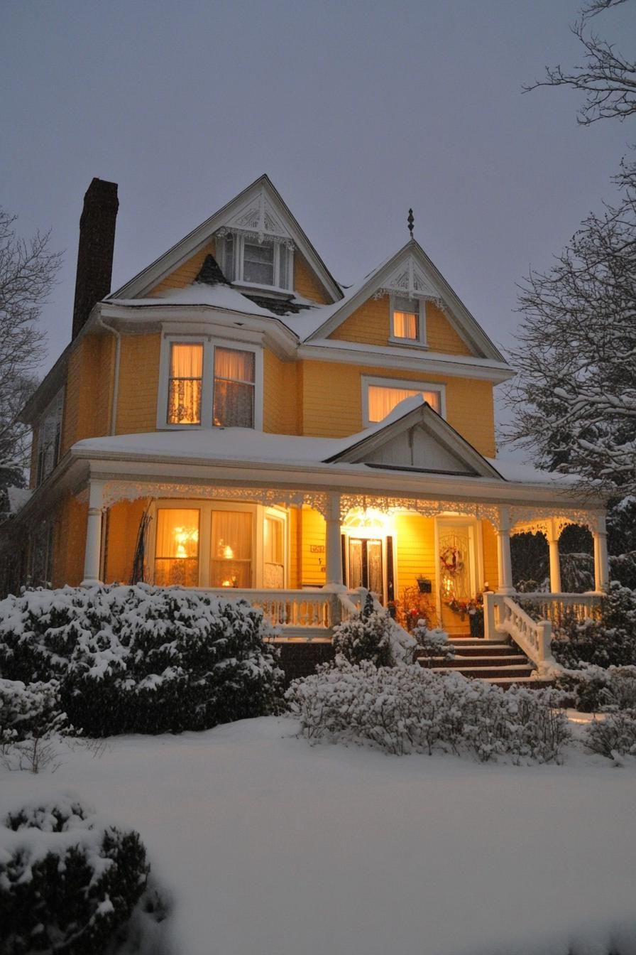 Edwardian style cottage house on winter night yellow siding white trim snow on the multi pitch roof with dormers wraparound porch with columns 1