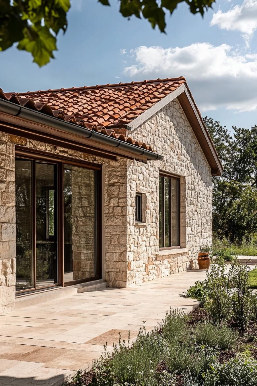 Stone farmhouse with terra-cotta roof under a sunny sky