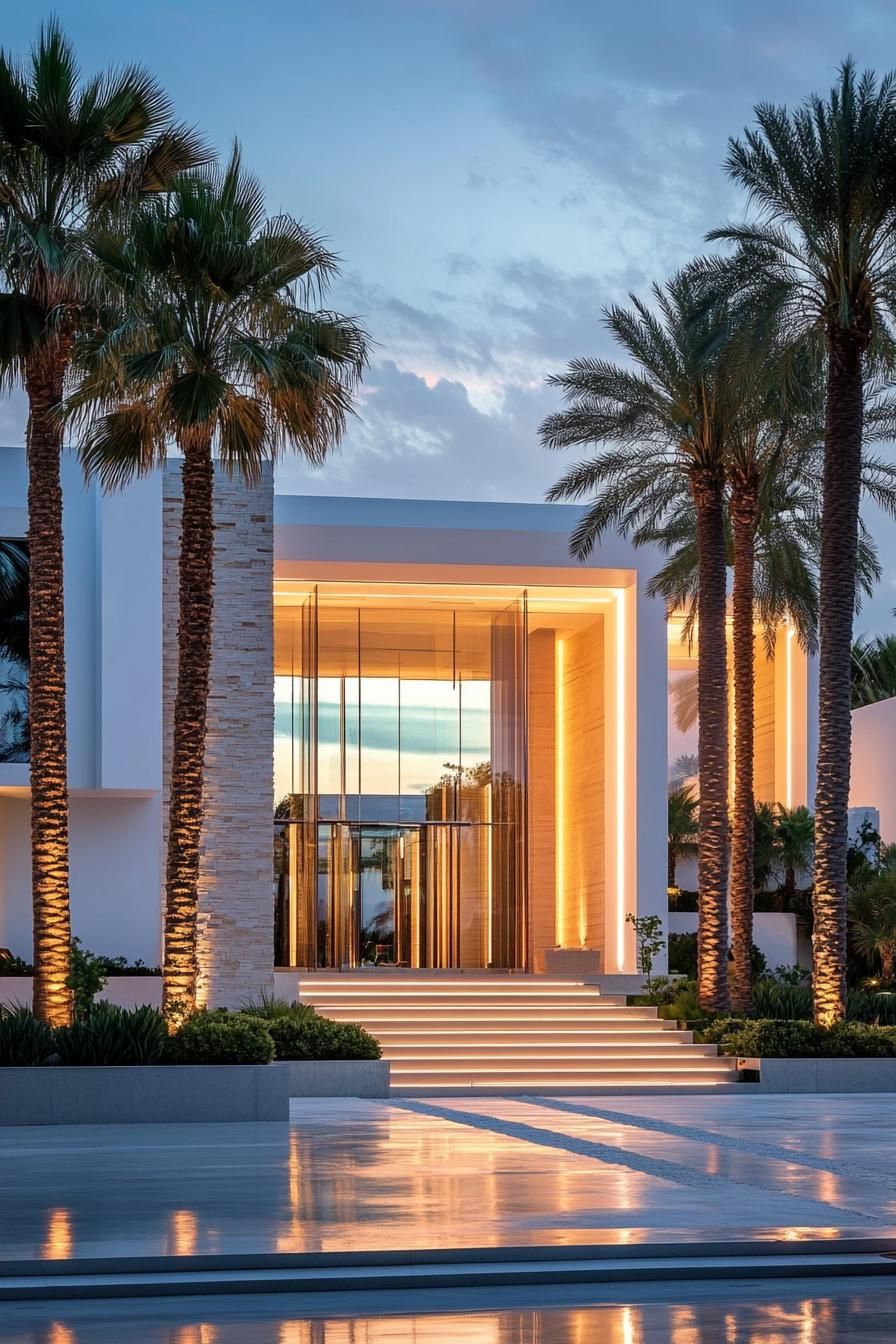 front view of a modern white house with large glass enclosed entrance stone siding columns front landscaping with tall palms and steps sunset scene 1