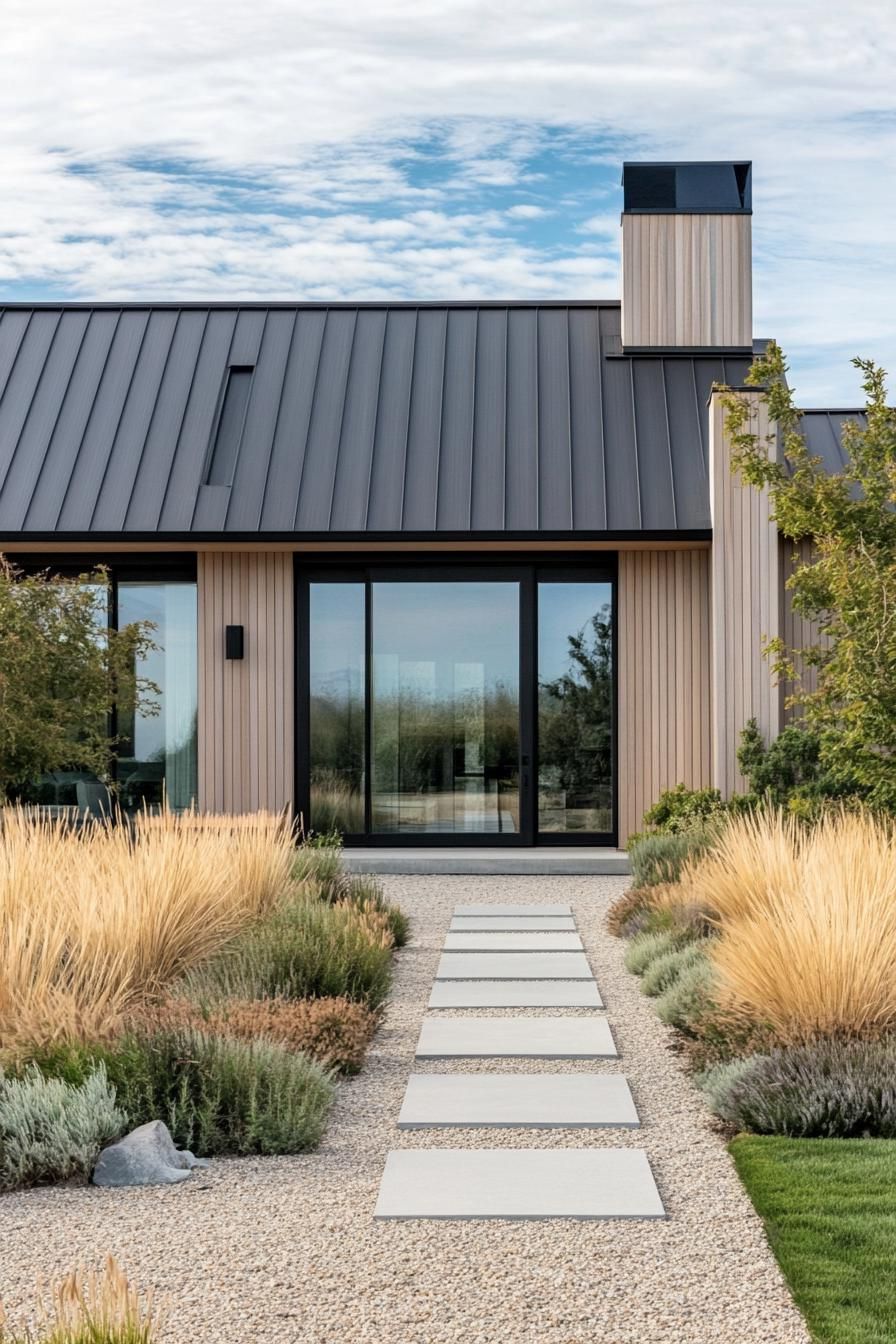 Modern house with metal roof and wooden facade