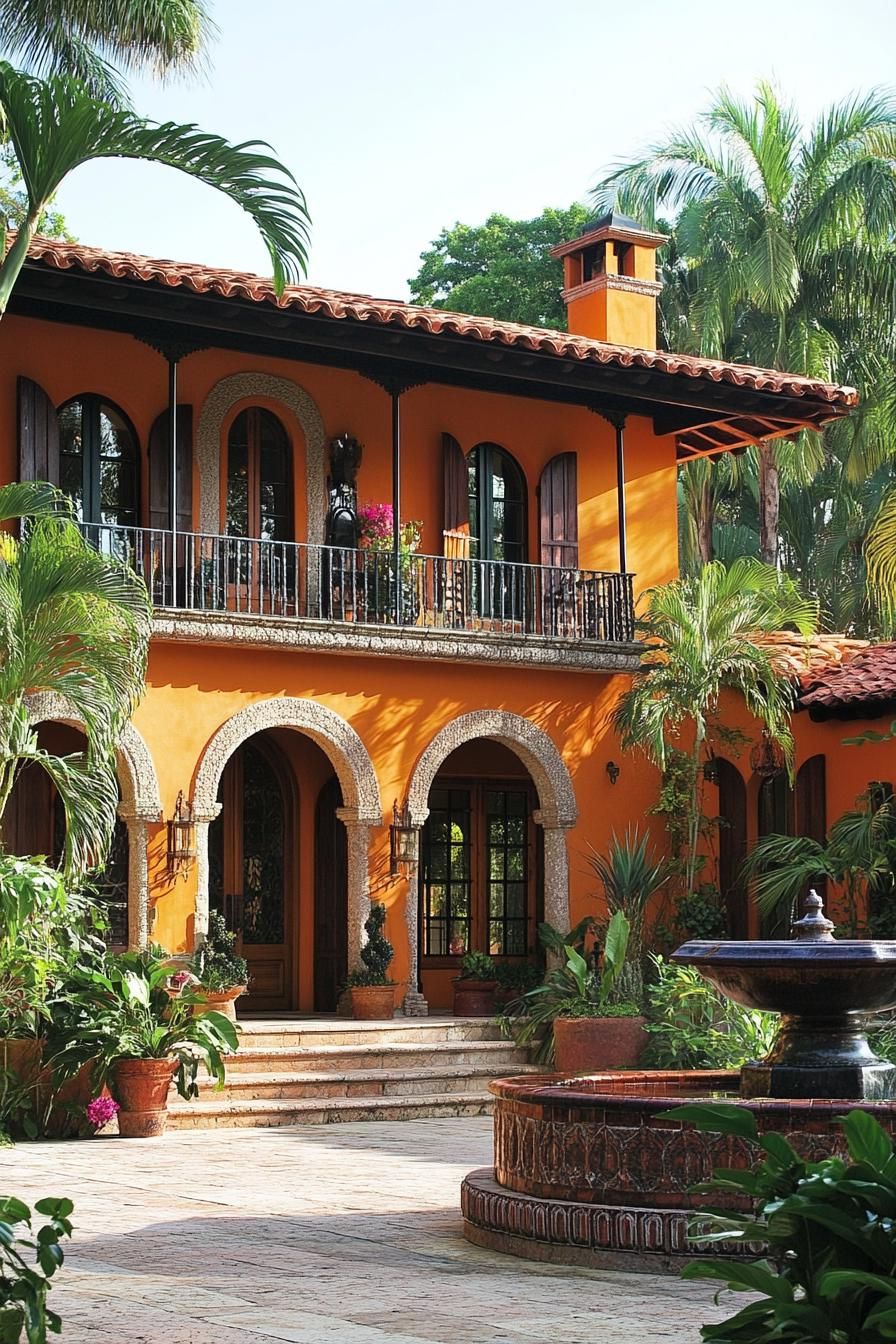 Vibrant orange house with arched windows and palms