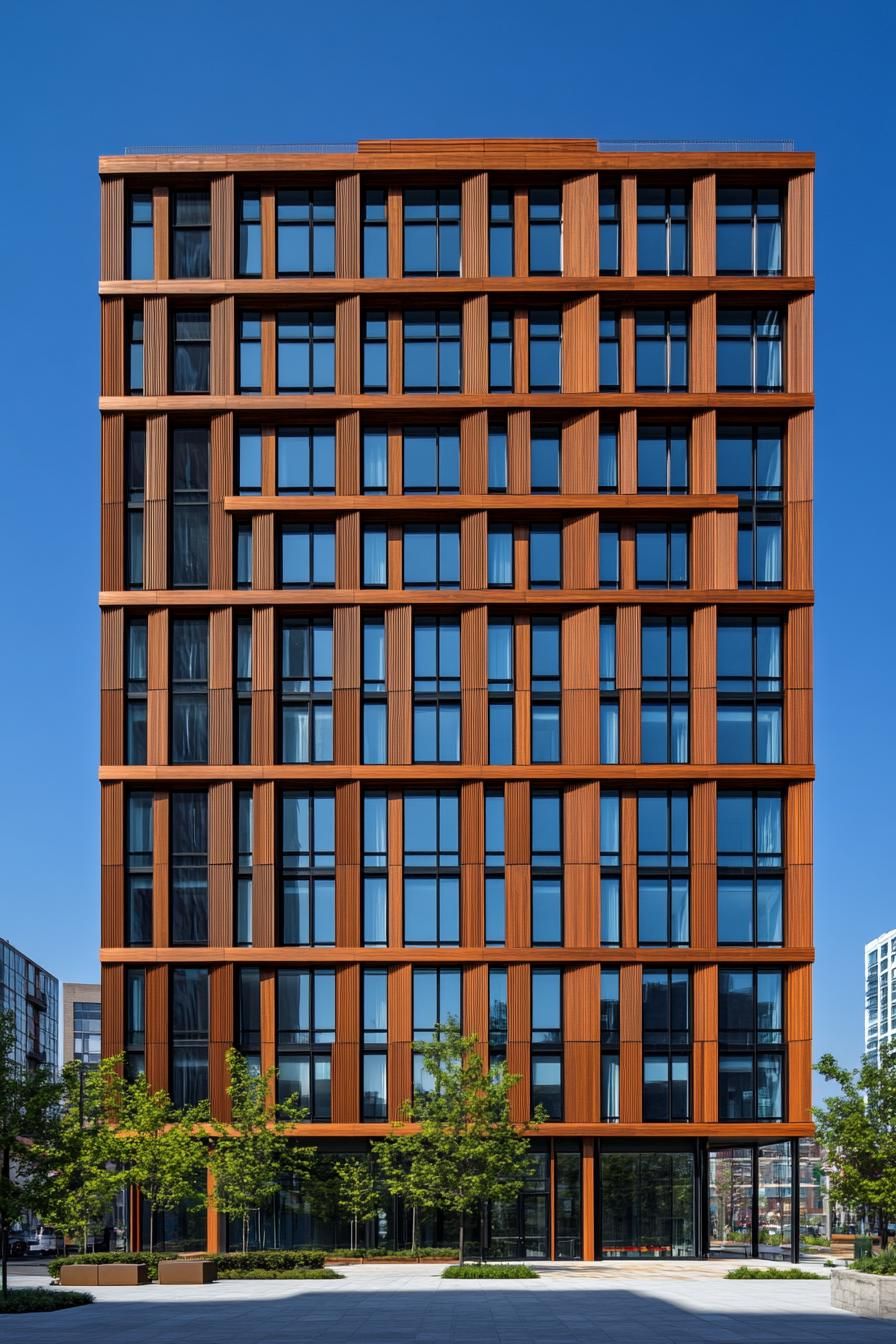 Tall building with orange facade and large windows