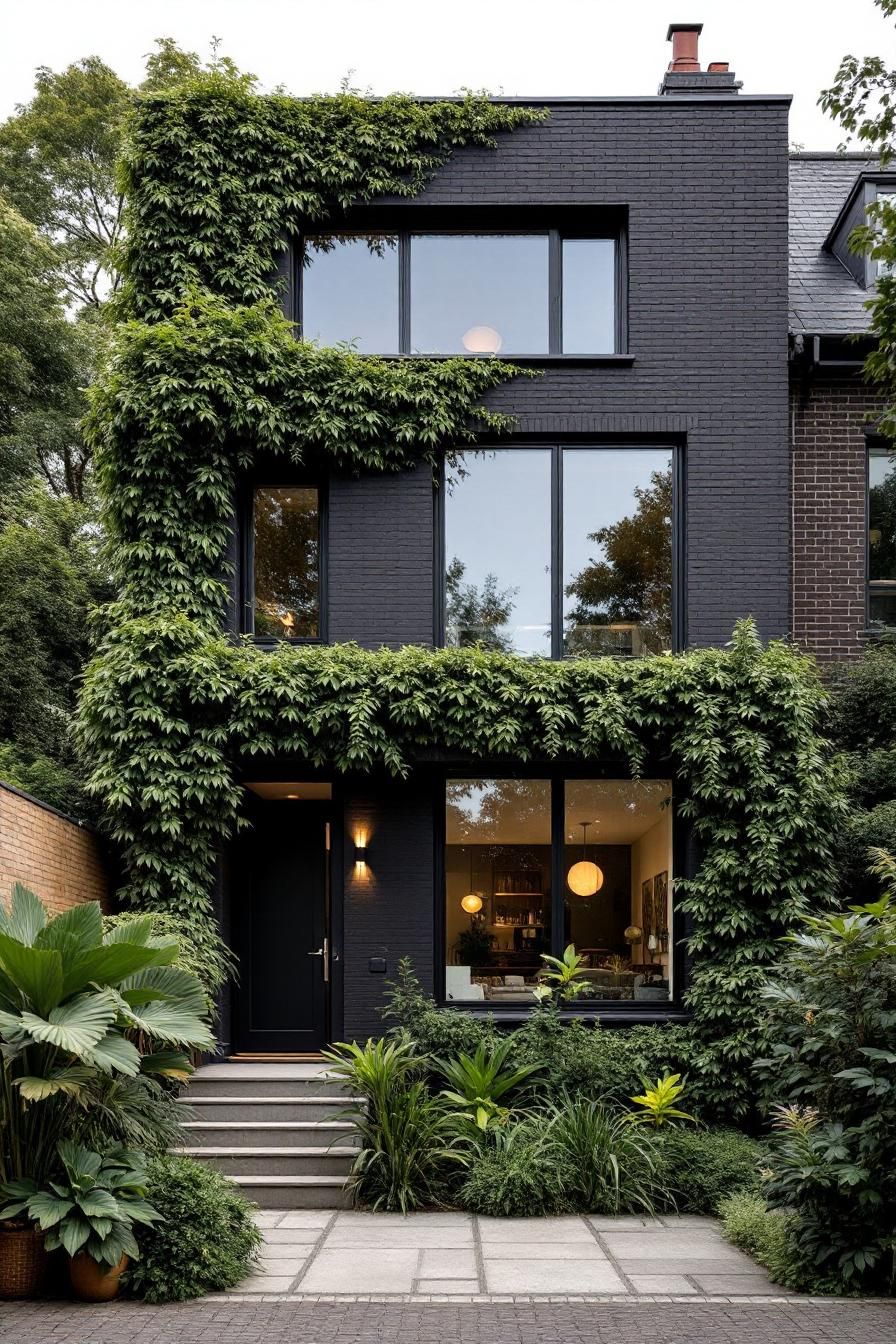 Black house with lush green vines covering the facade