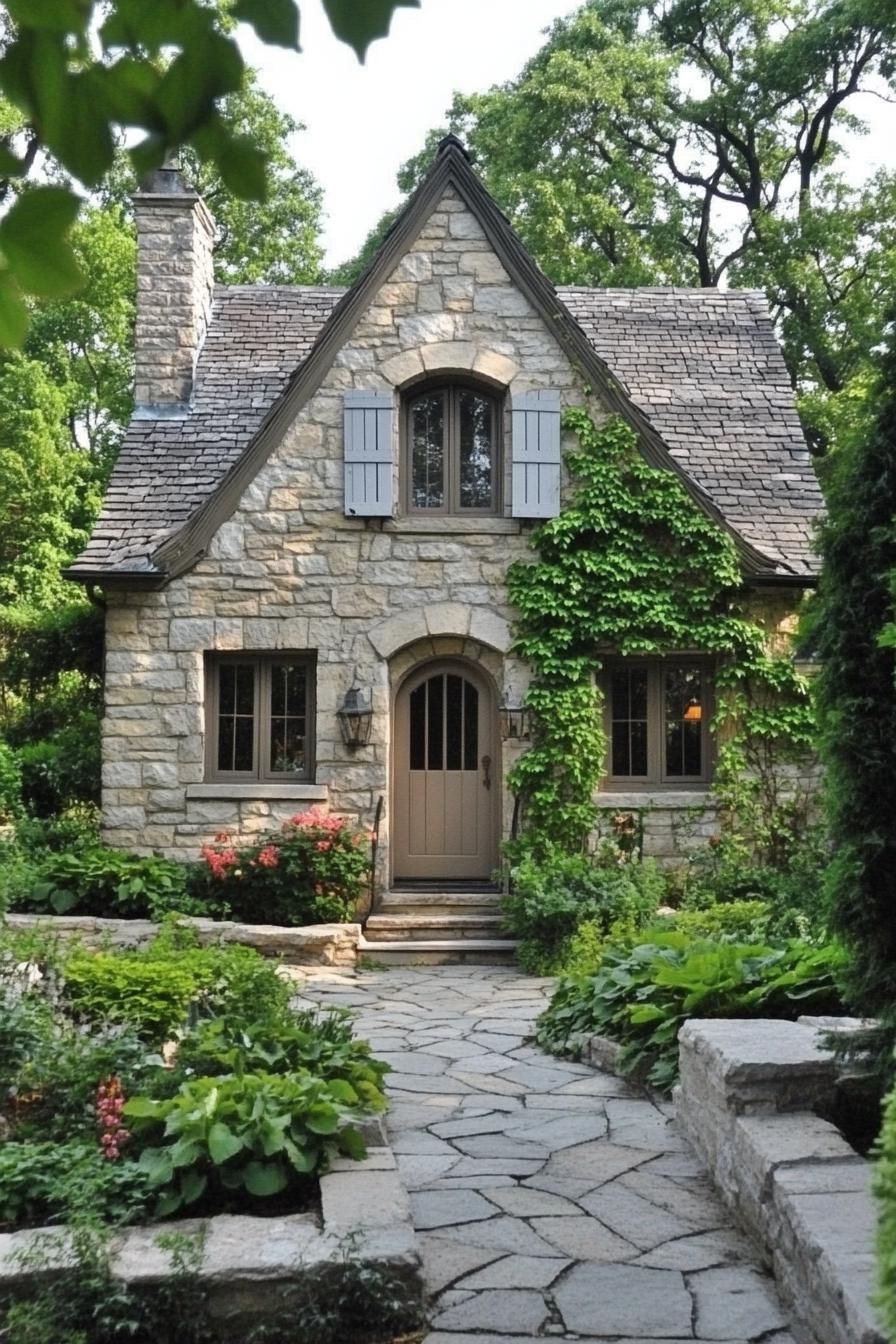 Whimsical stone cottage with lush greenery