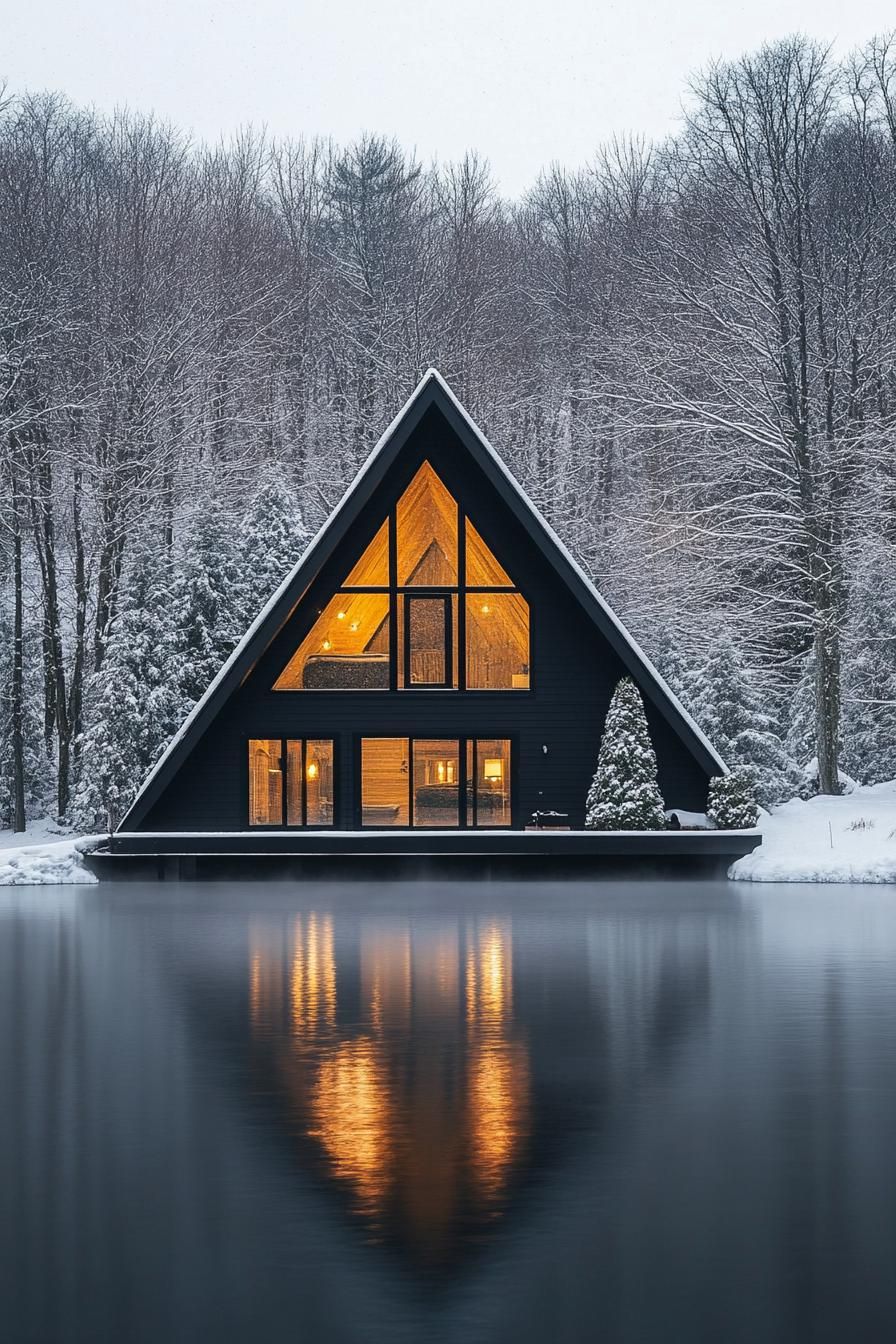 modern black a frame cabin in winter sunset mist above the lake with a golden glow from the sunset surrounding trees covered in white snow 1