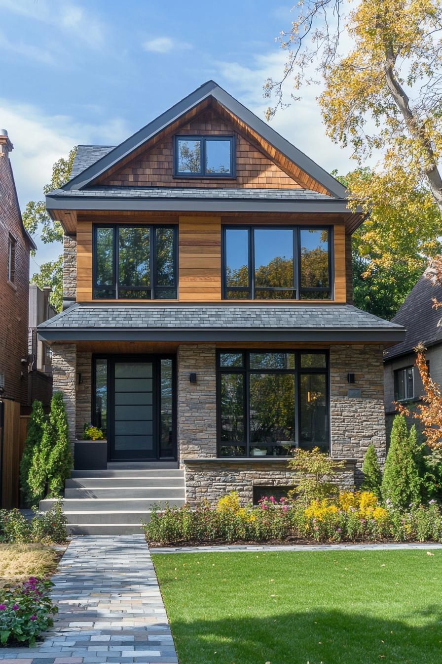 Modern stone house with large windows and a pathway