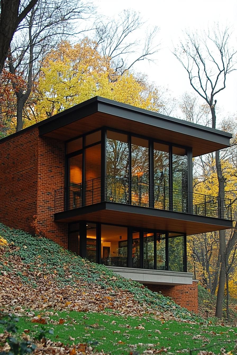 Modern house with large glass windows in a wooded area