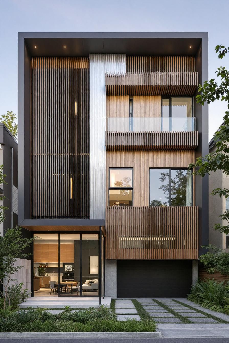 Modern facade featuring vertical wood slats and sleek glass