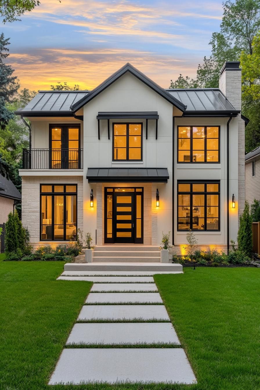 Modern transitional house at dusk surrounded by greenery