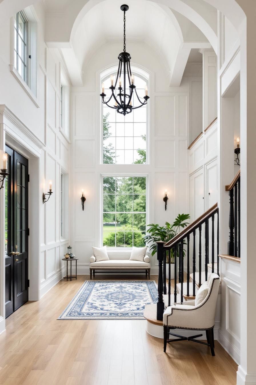 Bright colonial foyer with high ceilings and large window